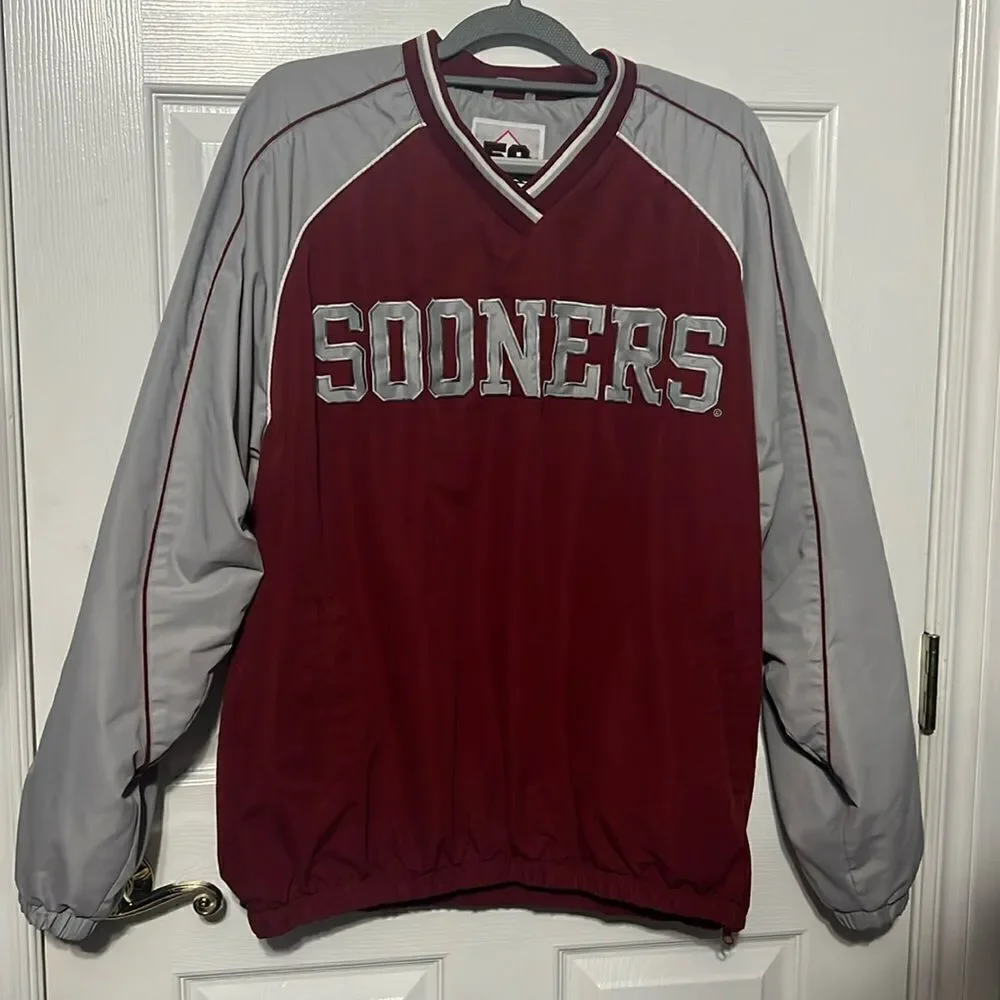 🏈 Vintage OKLAHOMA SOONERS Polyester Pullover Jacket Fleece Lined Men Sz L -EUC - Picture 1 of 12